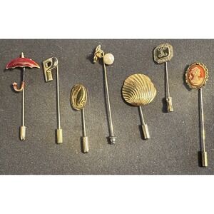 Vintage Lot Of 7 Stick Pins, Glass, Enamel, Initials, Faux Pearl
